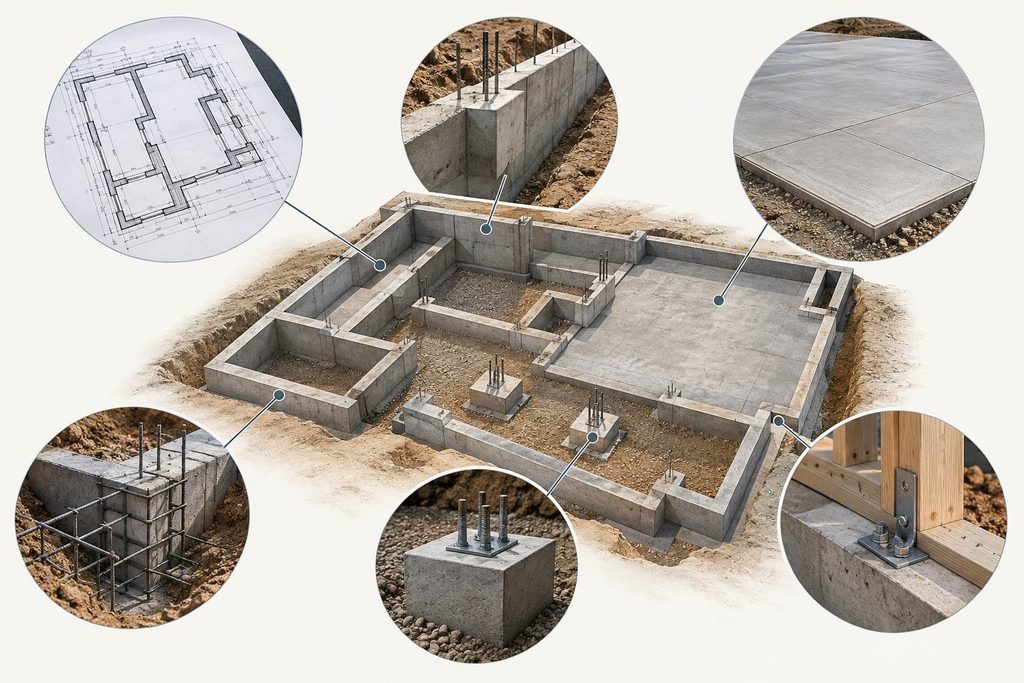 Infographic showing a house foundation layout with close-ups of footings, concrete walls, slabs, rebar, and anchor bolts.
