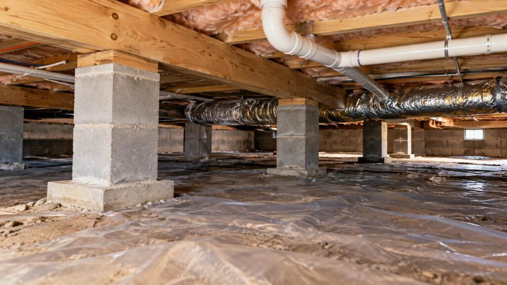 Crawl space foundation with concrete block supports, wooden joists, plumbing pipes, and HVAC ducts.