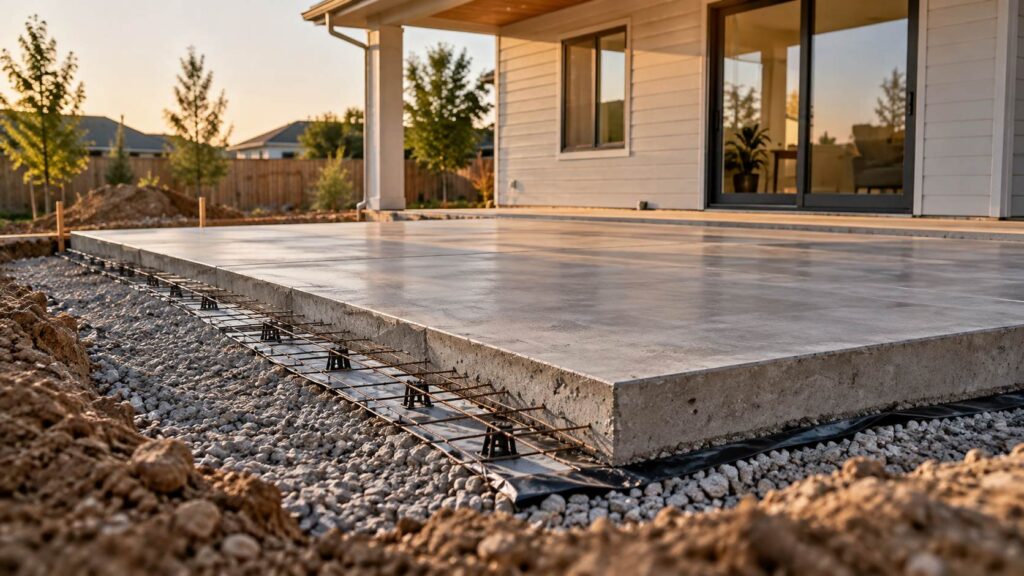 Concrete slab beside a house with exposed steel reinforcement, gravel, and vapor barrier.