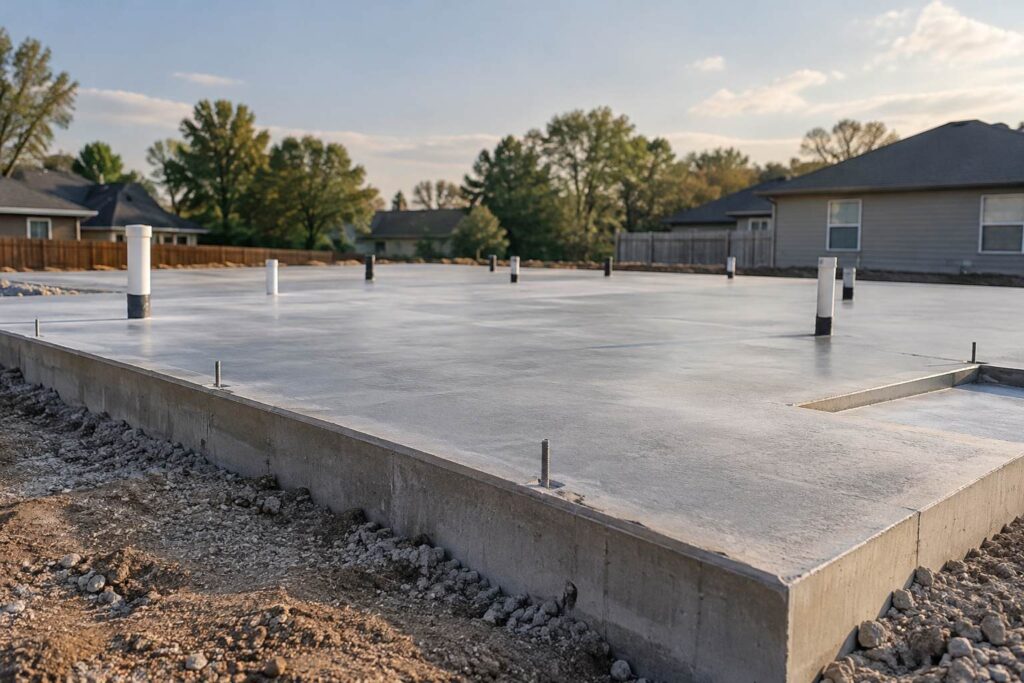 Concrete slab foundation with exposed plumbing pipes and anchor bolts.