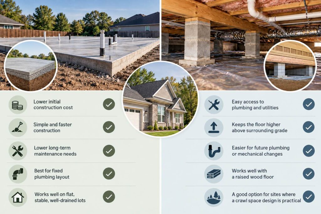 Infographic comparing slab and crawl space foundations, costs, maintenance, and utility access.